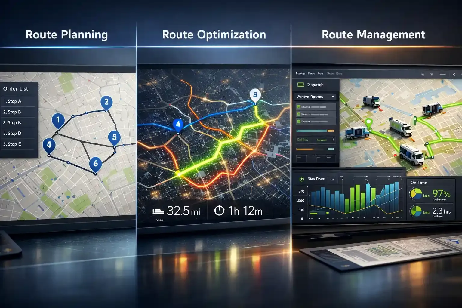 Route planning, optimization, and management comparison on logistics map dashboard